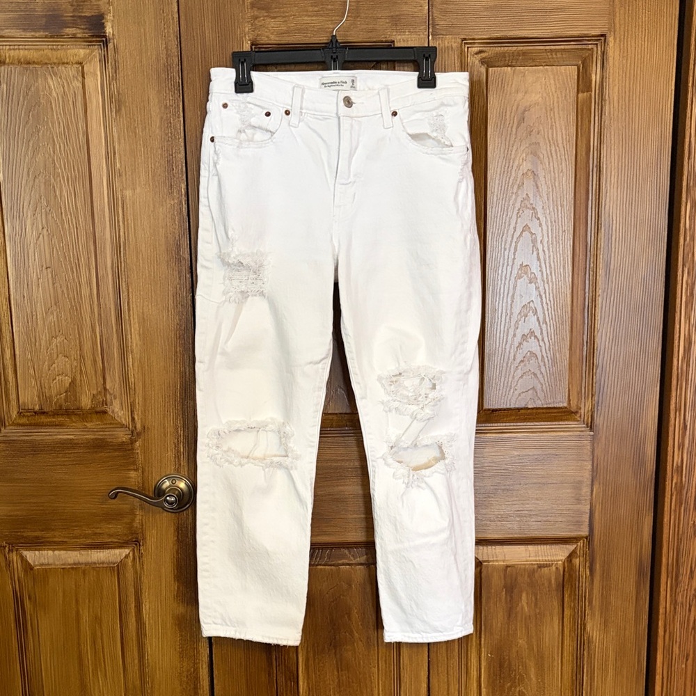 Abercrombie & Fitch White Ripped Jeans - The Boyfriend Mid Rise